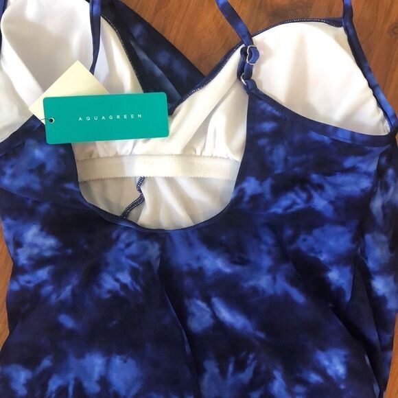 NWT Aquagreen Blue tie-dye ruched waist Cinch waist  One piece swimsuit, bathi - Picture 5 of 6